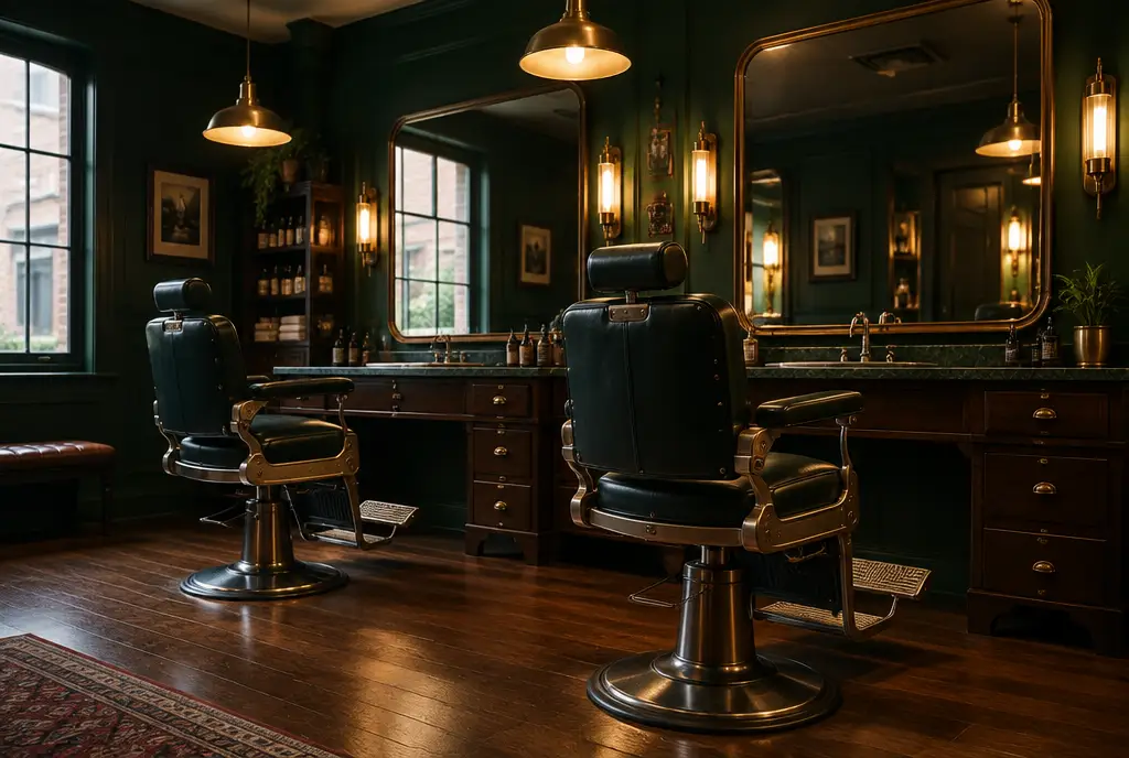 Salon de barbier aux murs verts, fauteuils en cuir et lampes en laiton