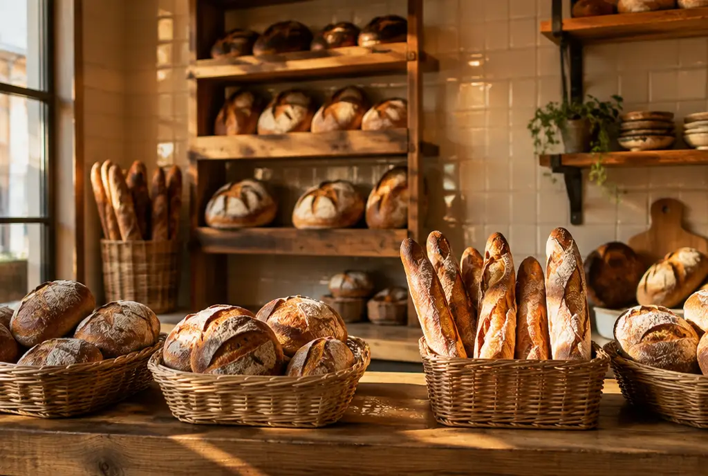 Comptoir de boulangerie garni de pains et de baguettes
