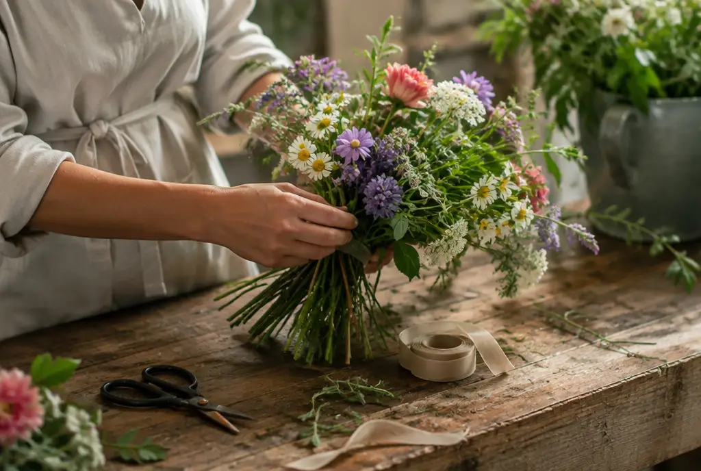 Les mains d’une fleuriste composant un bouquet sauvage