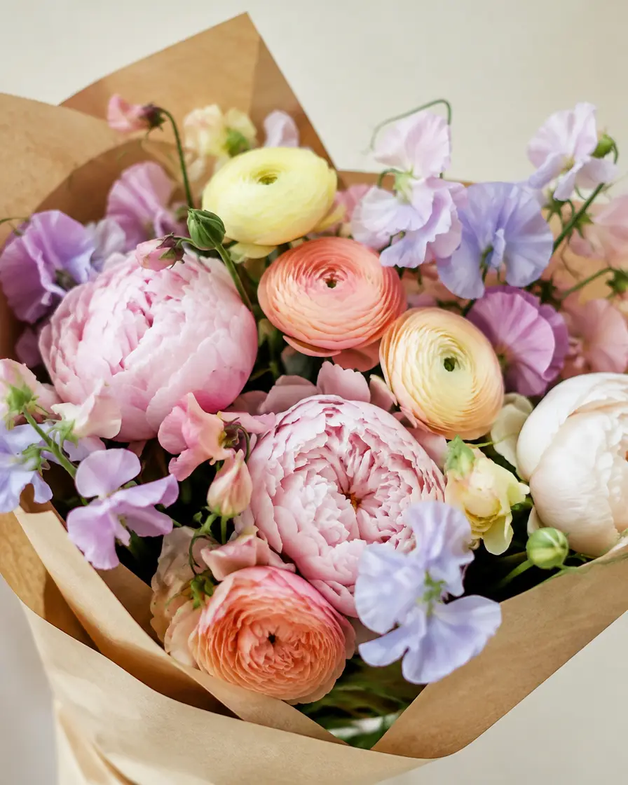 Bouquet pastel de pivoines et renoncules