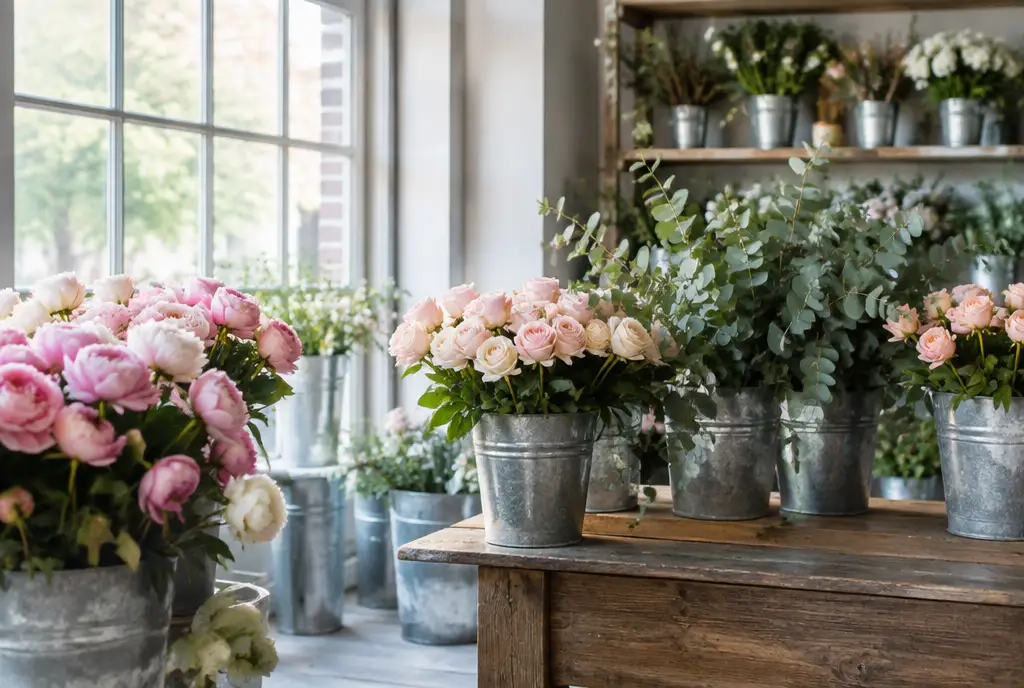 Boutique de fleuriste, seaux de pivoines et d’eucalyptus