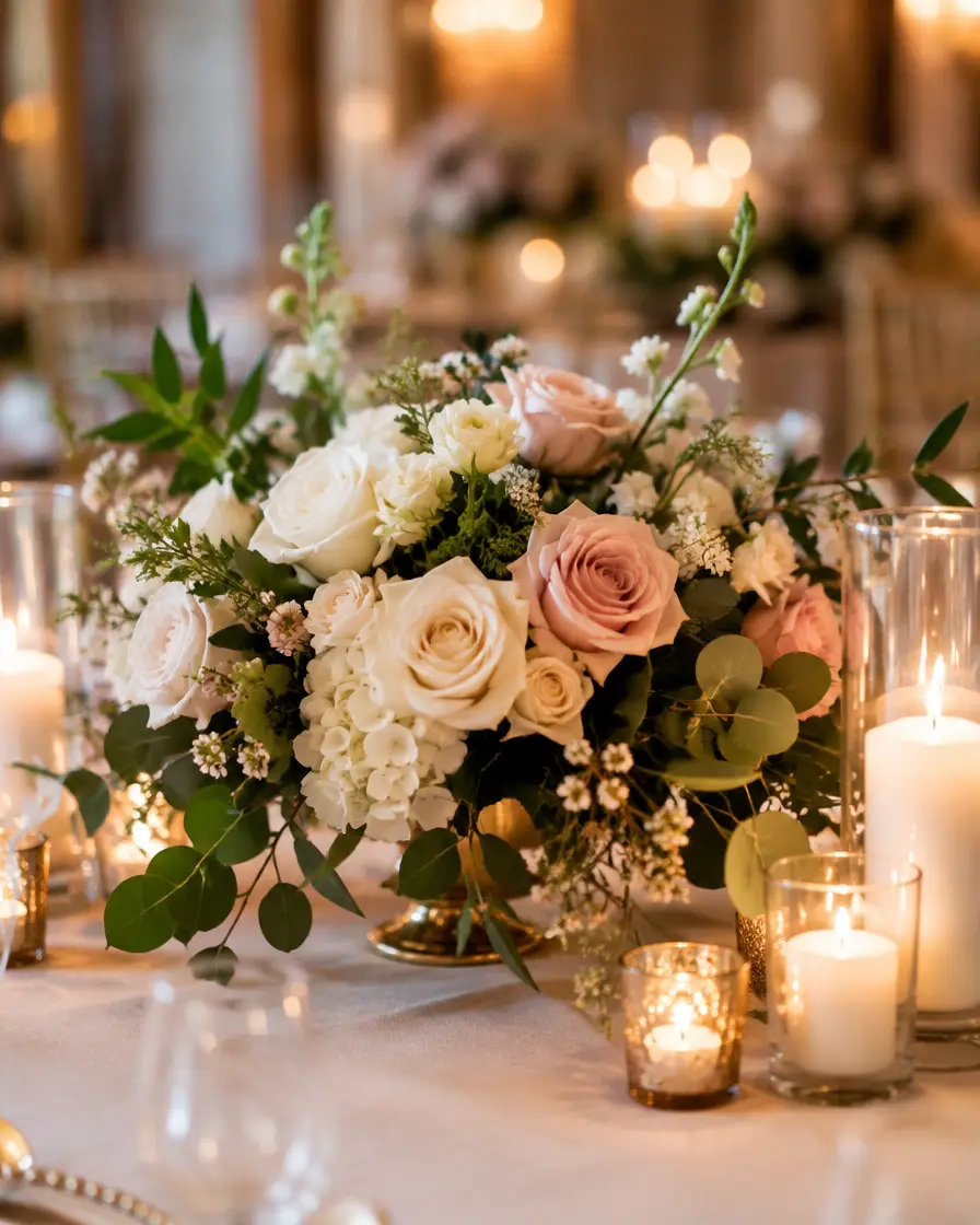 Centre de table de mariage aux roses blanches et blush