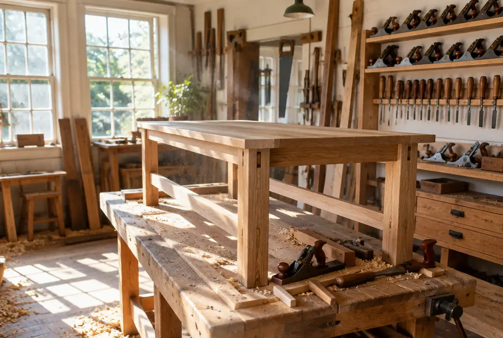 Atelier de menuiserie lumineux avec une table en chêne en cours de fabrication