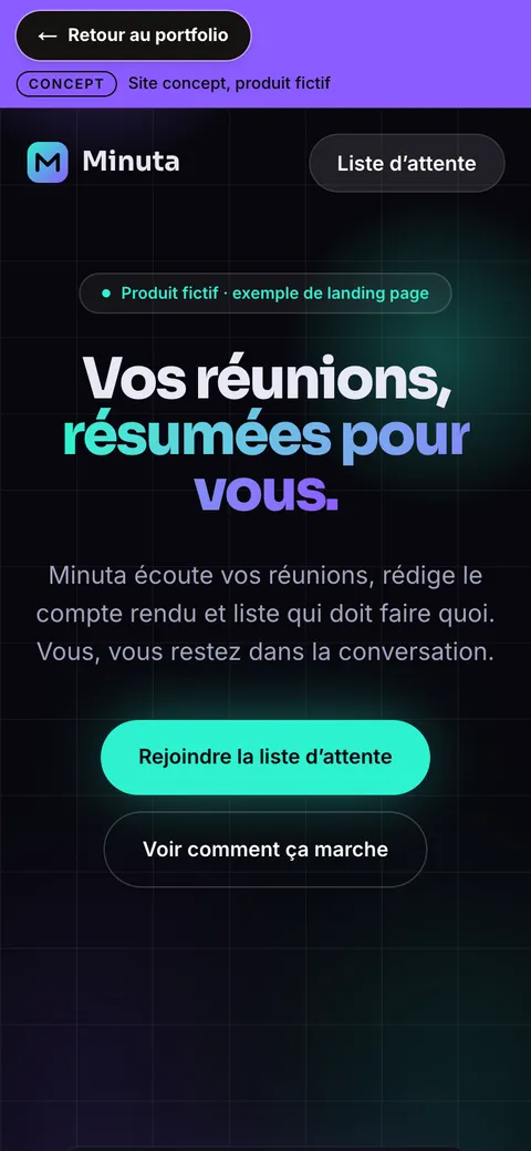 Capture d'écran du site Minuta sur mobile