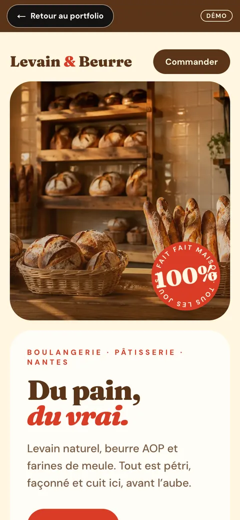 Capture d'écran du site Levain & Beurre sur mobile