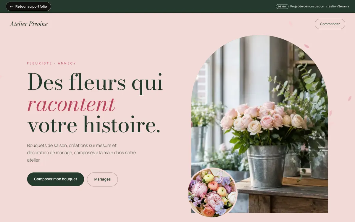Capture d'écran du site Atelier Pivoine sur ordinateur