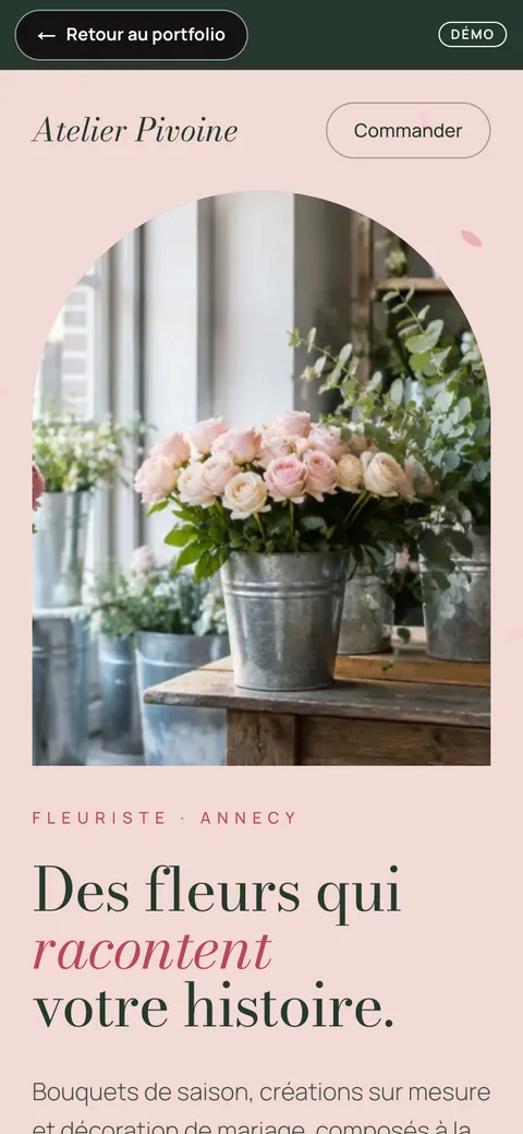 Capture d'écran du site Atelier Pivoine sur mobile